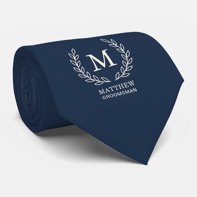 Navy Blue Elegant Groomsman Monogram Wedding Tie (Rolled)