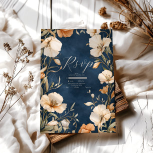 Navy Blue  Elegant Ivory Floral Wedding RSVP Card