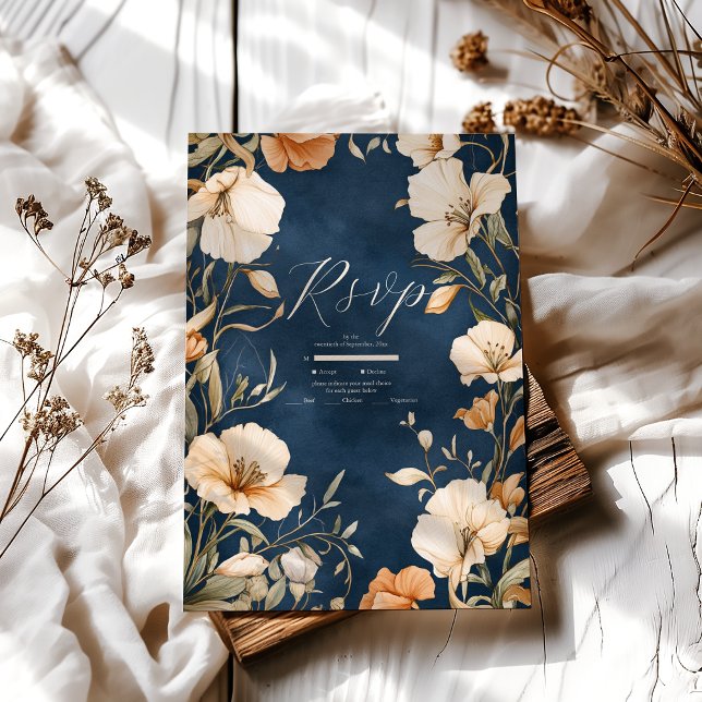 Navy Blue  Elegant Ivory Floral Wedding RSVP Card (Creator Uploaded)