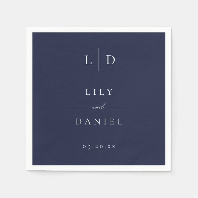 Navy Blue Elegant Minimalist Monogram Wedding  Napkin (Front)