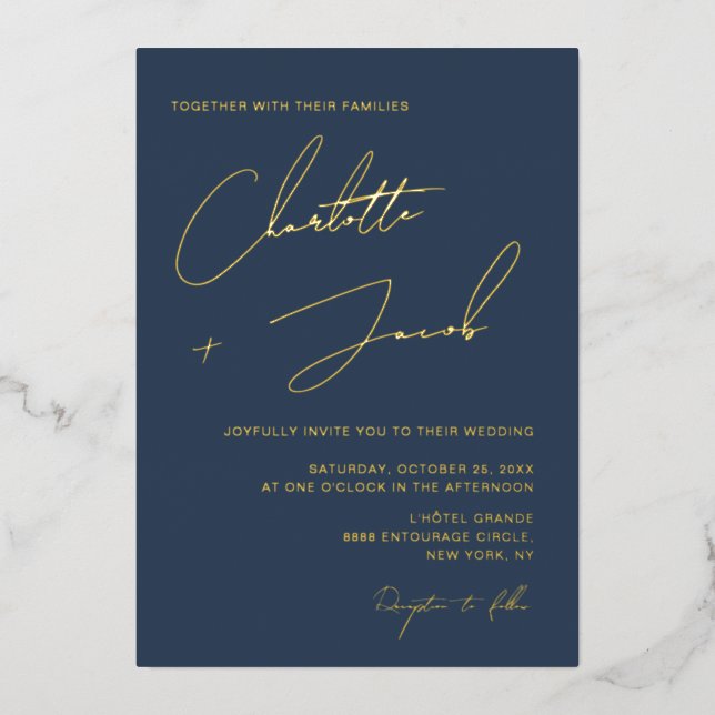 Navy Blue Elegant Minimalist Script Wedding  (Front)