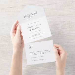 Navy Blue Elegant Minimalist Tear Off Wedding All In One Invitation