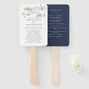 Navy blue elegant modern botanical script wedding hand fan