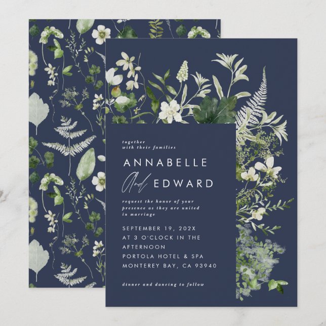 Navy blue elegant modern botanical script wedding invitation (Front/Back)