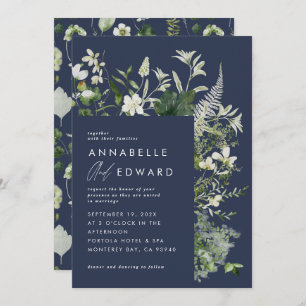 Navy blue elegant modern botanical script wedding invitation