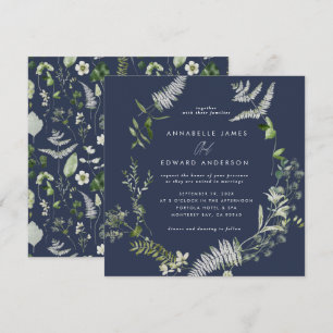 Navy blue elegant modern botanical script wedding invitation