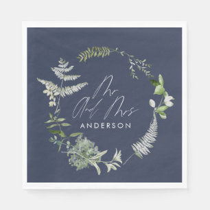 Navy blue elegant modern botanical script wedding napkin