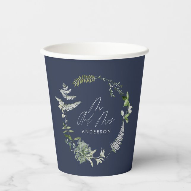 Navy blue elegant modern botanical script wedding paper cups (Front)