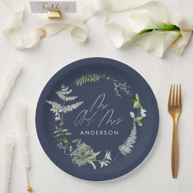 Navy blue elegant modern botanical script wedding paper plate (Wedding)