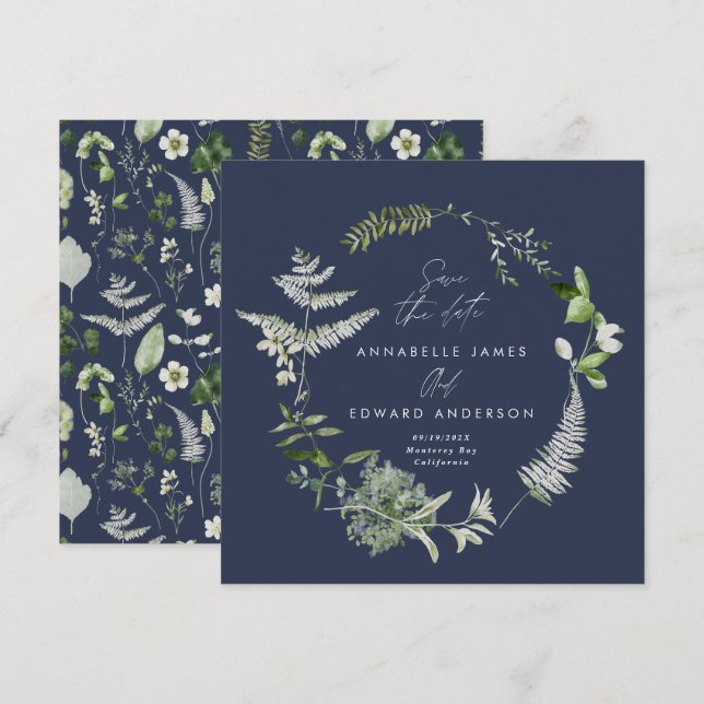 Navy blue elegant modern botanical script wedding save the date (Front/Back)