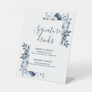 Navy Blue Elegant Modern Floral Signature Drinks Pedestal Sign