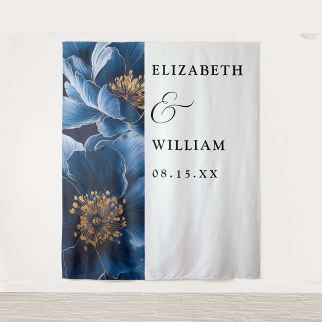 Navy Blue Elegant Modern Floral Wedding Backdrop Tapestry (Front)