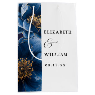 Navy Blue Elegant Modern Floral Wedding Medium Gift Bag