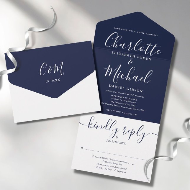 Navy Blue Elegant Modern Script Minimalist Wedding All In One Invitation (Creator Uploaded)