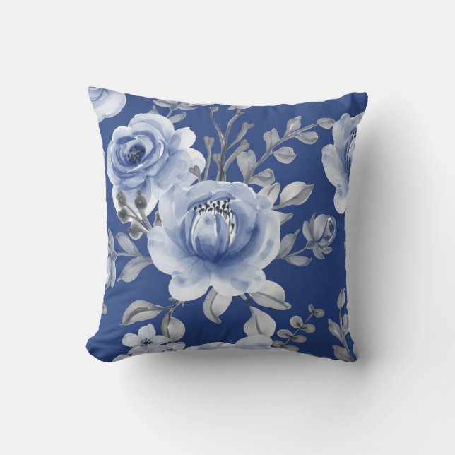 Navy Blue & Elegant Modern Watercolor Floral Throw Pillow (Front)