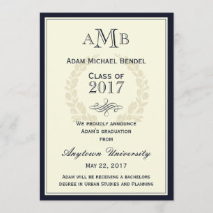 Navy Blue Elegant Monogram Graduation Announcement