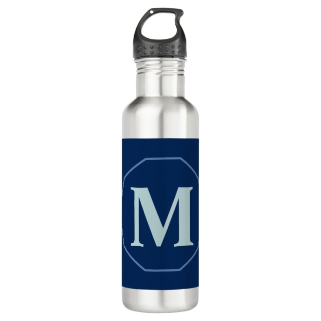 Navy Blue elegant monogram personalized 710 Ml Water Bottle (Front)