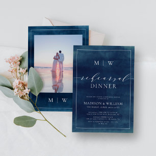 Navy Blue Elegant Monogram Rehearsal Dinner Invitation