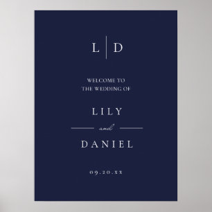 Navy Blue Elegant Monogram Wedding Welcome Sign