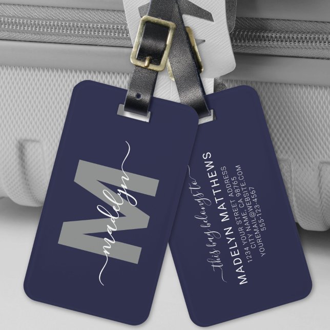 Navy Blue Elegant Name Monogram Luggage Tag (Navy Blue Elegant Name Monogram Luggage Tag)