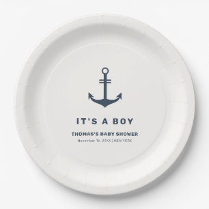 Navy Blue Elegant Nautical Anchor Baby Shower  Paper Plate
