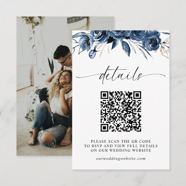 Navy Blue Elegant Photo QR Code RSVP Wedding  Enclosure Card (Front/Back)