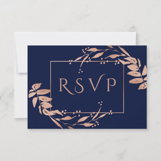 Navy Blue | Elegant Rose Gold Foliage Wedding RSVP Card (Front)