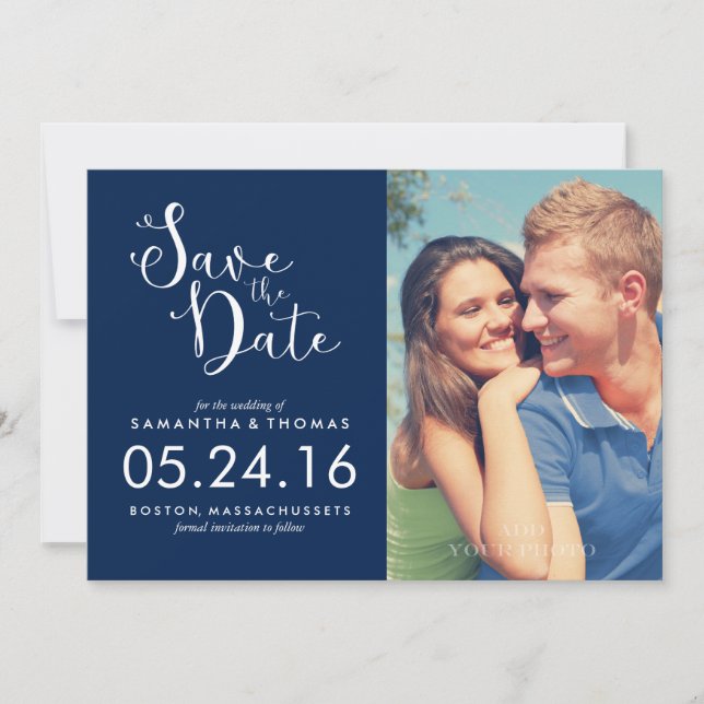 Navy Blue Elegant Script Save the Date (Front)