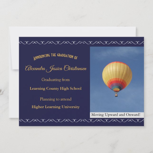 Navy Blue Elegant Scroll Hot Air Balloon Grad Announcement (Front)
