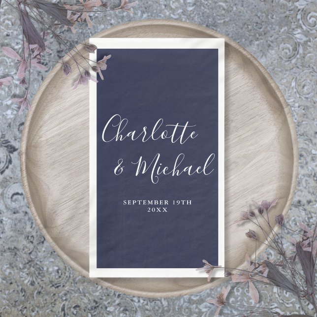 Navy Blue Elegant Signature Script Wedding Napkin (Navy Blue Elegant Signature Script Wedding Paper Guest Towels)