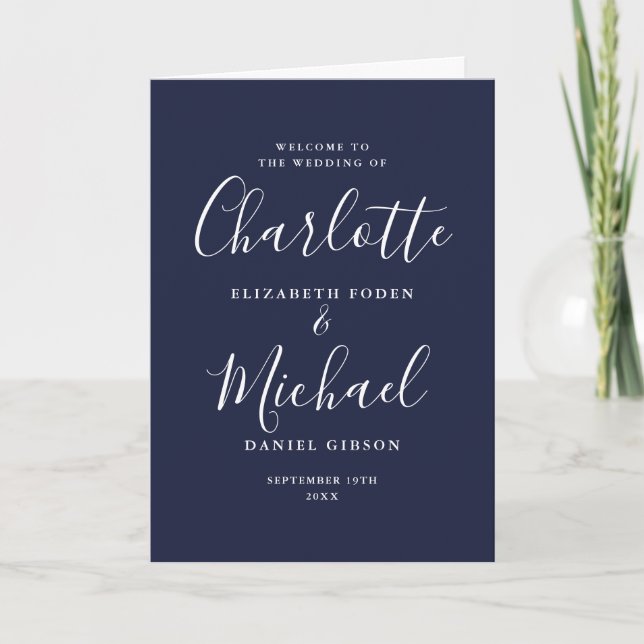 Navy Blue Elegant Signature Script Wedding Program (Front)