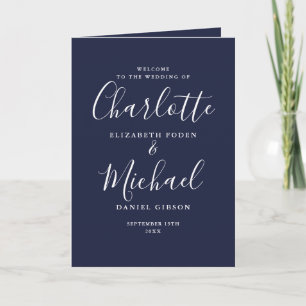 Navy Blue Elegant Signature Script Wedding  Program