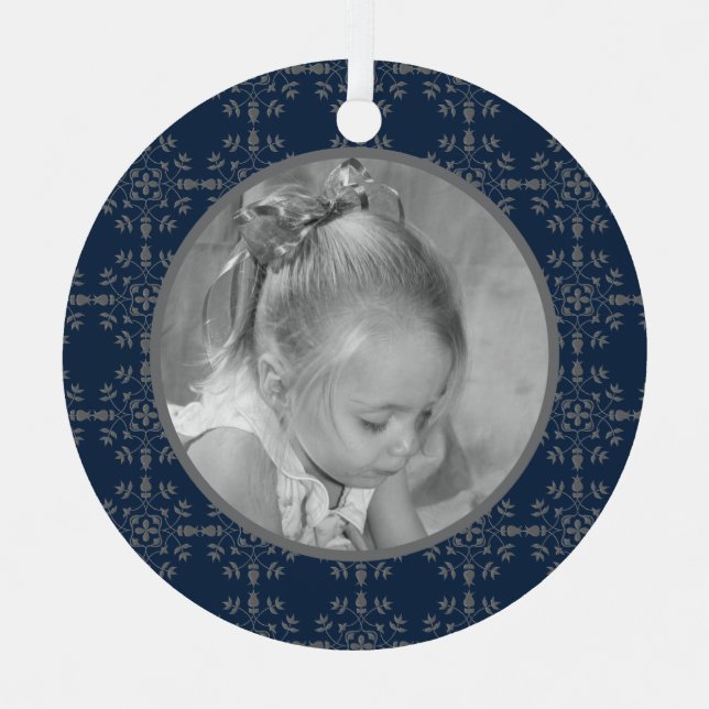 Navy Blue Elegant Snowflake Photo Christmas Metal Ornament (Front)