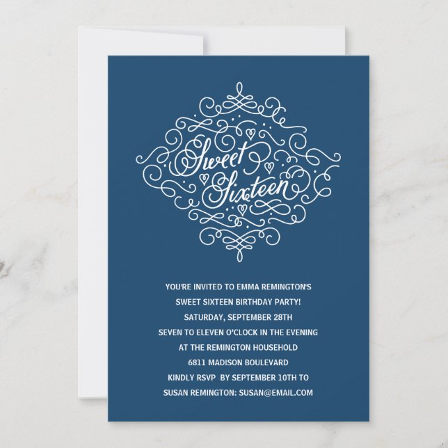 Navy Blue Elegant Sweet 16 Birthday Party Invitation (Front)