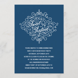 Navy Blue Elegant Sweet 16 Birthday Party Invitation