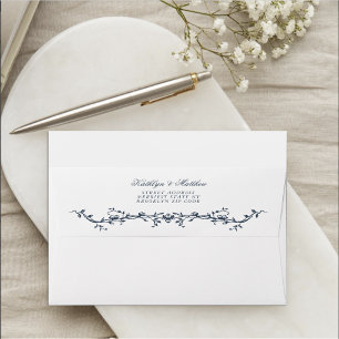 Navy Blue Elegant Vintage Floral Wedding Envelope