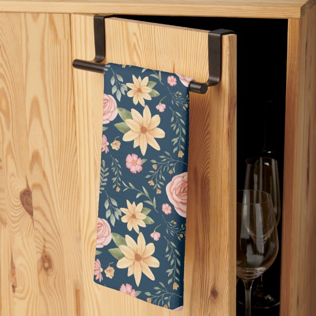 Navy Blue Elegant Vintage Wildflower Pattern  Kitchen Towel (Thirds Fold)