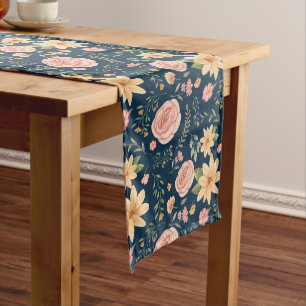 Navy Blue Elegant Vintage Wildflower Pattern  Long Table Runner