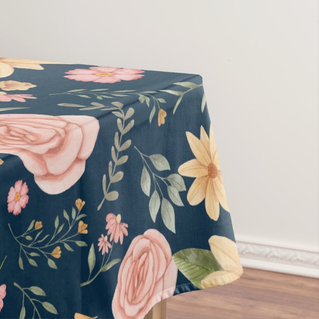 Navy Blue Elegant Vintage Wildflower Pattern  Tablecloth (In Situ)