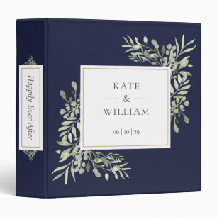 Navy Blue Elegant Watercolor Greenery Wedding Binder
