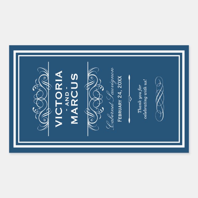 Navy Blue Elegant Wedding Monogram Wine Bottle Sticker (Front)