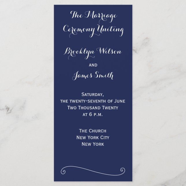 Navy Blue Elegant Wedding Programs Rack Cards (Front)