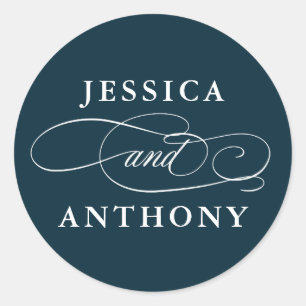 Navy Blue Elegant Wedding with Couple's Names Classic Round Sticker