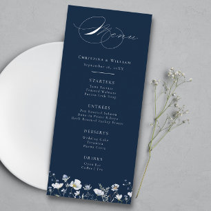 Navy Blue Elegant Winter Wildflowers Wedding Menu