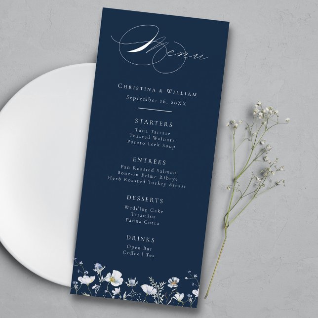 Navy Blue Elegant Winter Wildflowers Wedding Menu (Creator Uploaded)
