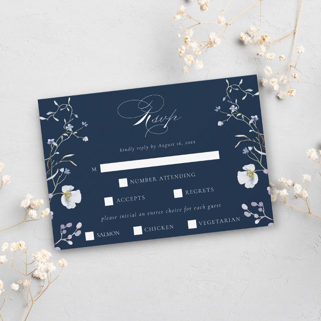 Navy Blue Elegant Winter Wildflowers Wedding RSVP Card (Creator Uploaded)