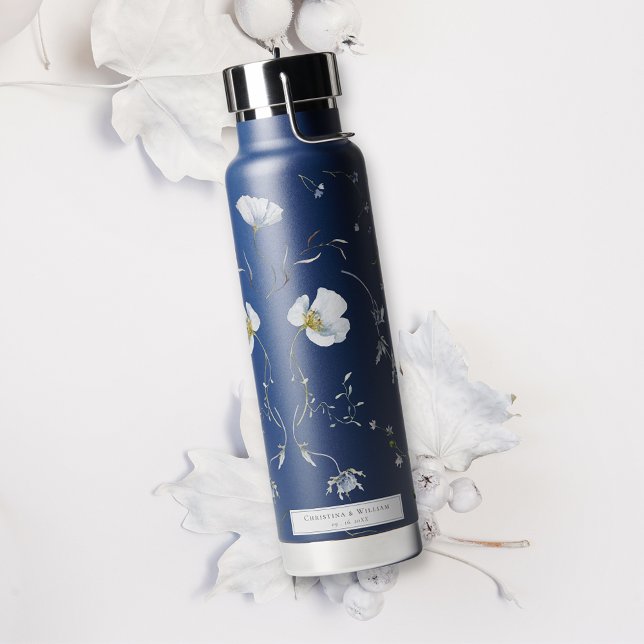 Navy Blue Elegant Winter Wildflowers Wedding Water Bottle (Creator Uploaded)