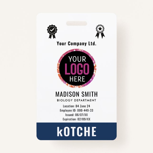 Navy Blue Employee Name Business Logo kotche Badge (Front)