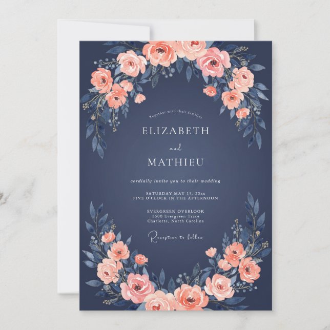 Navy Blue Enchanting Rose Wedding Invitation (Front)