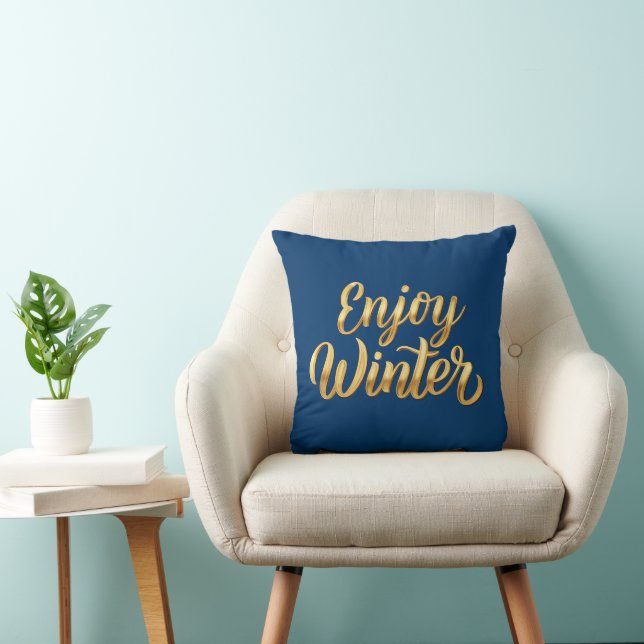 Navy Blue Enjoy Winter - Gold Script Holiday Decor Throw Pillow (Chair)